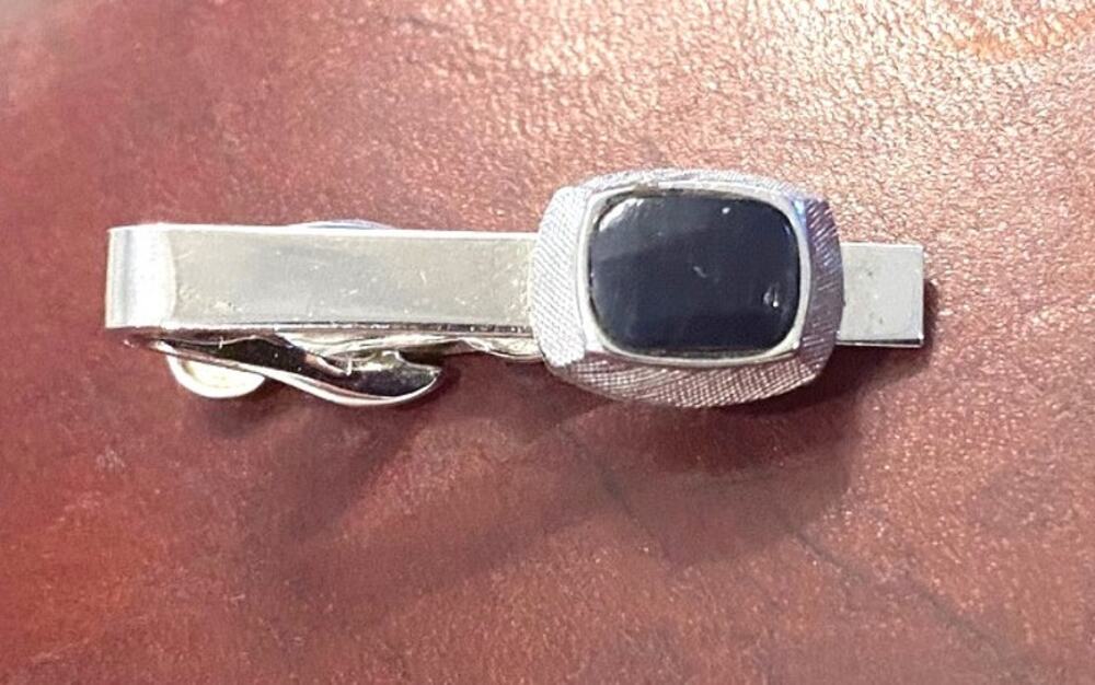 VTG Silver Tone Swank Tie Bar, Black Inset, 1 1/2"